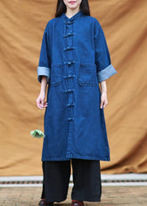 Vestido largo con bolsillos y cuello alto de túnica azul de mezclilla DIY